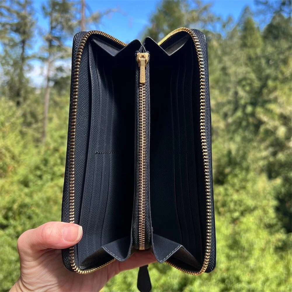COACH Long Zip-Around Wallet Navy Blue Pebble Leather Wallet Gold Hardware